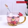 1pc Rose Enamel Crystal Tea Cup; Coffee Mug; Tumbler Butterfly Rose Painted Flower Water Cups; Clear Glass With Spoon Set