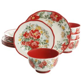 Vintage Floral 12-Piece Dinnerware Set (Color: Red)