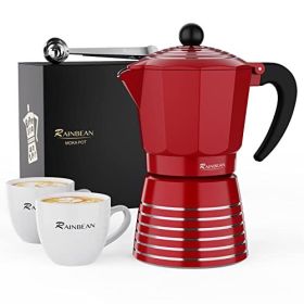 RAINBEAN Moka Pot 6 Cup Set, 11 oz / 300ml Stovetop Espresso Maker, Italian Cuban Greca Coffee, Aluminum Ripple Ring Design - Easy To Use & Clean (Red (Color: Red)