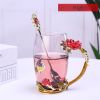 1pc Rose Enamel Crystal Tea Cup; Coffee Mug; Tumbler Butterfly Rose Painted Flower Water Cups; Clear Glass With Spoon Set